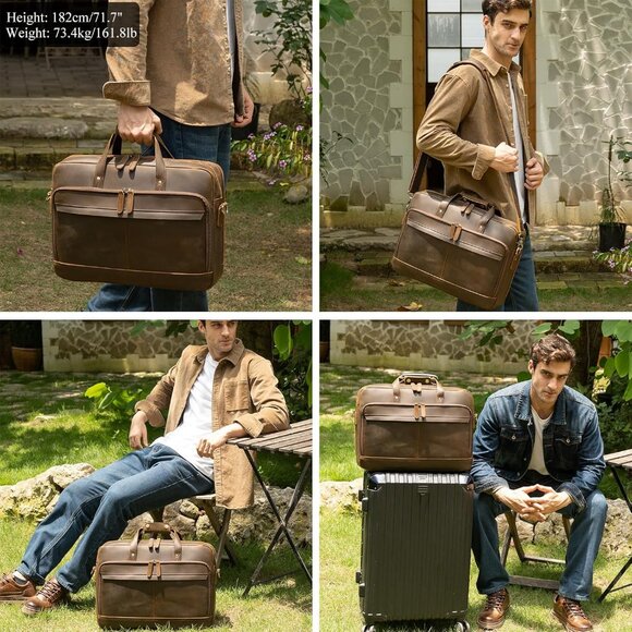 🆕Men Brown Fits 17.3 Inch Laptop Crossbody Shoulder Attached Leather Briefcase - Picture 10 of 12